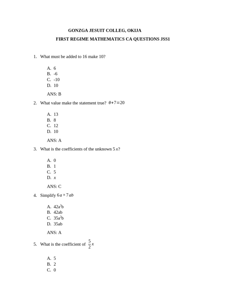 JSS1 First Term Math Questions & Answers | PDF | Mathematics | Algebra