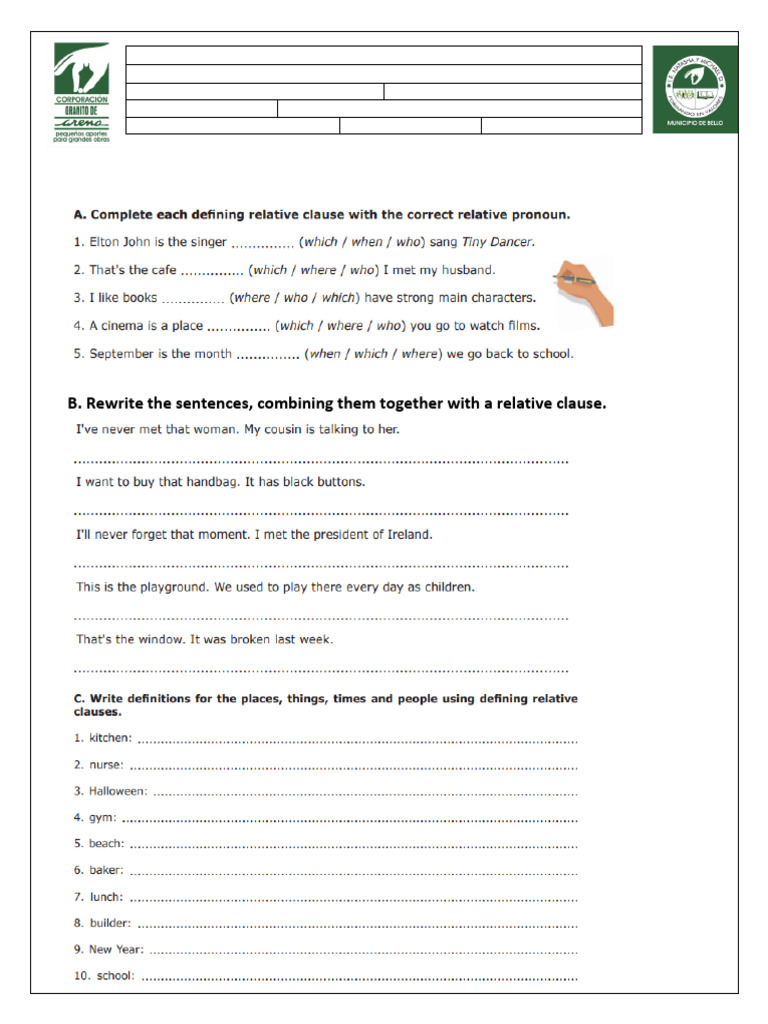 7th Grade English Worksheet: Relative Clauses | PDF