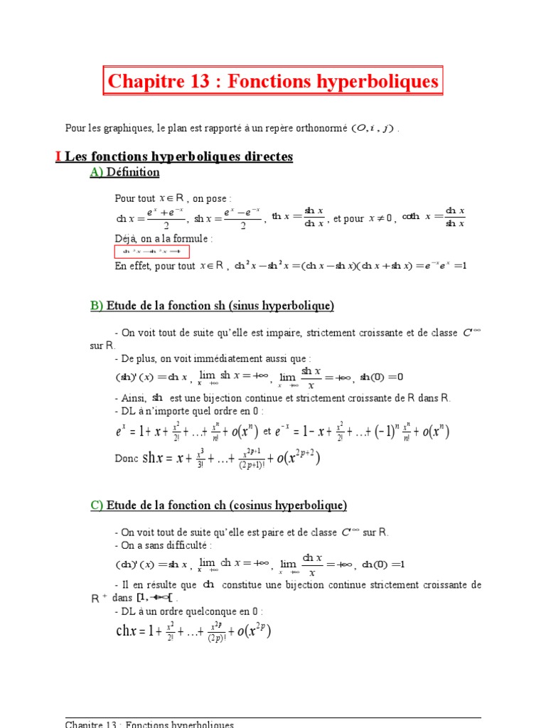 13 Fonctions Hyperboliques Geometrie Differentielle Analyses