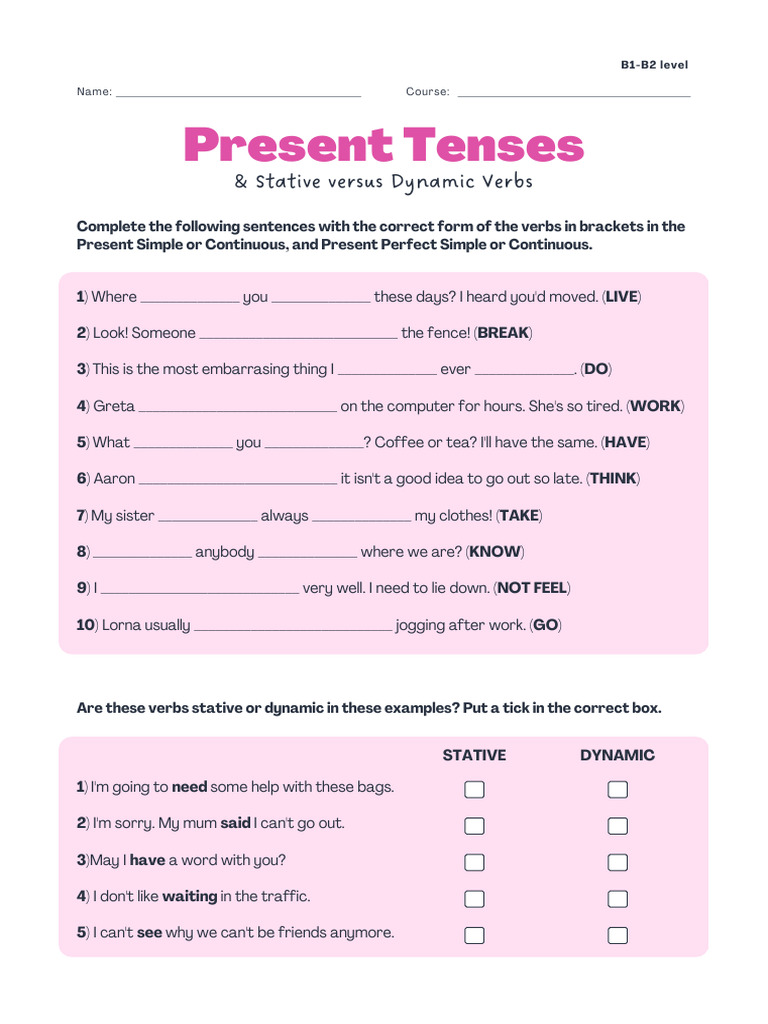 Present Tenses and Verb Types Exercises | PDF | Verb | Linguistics