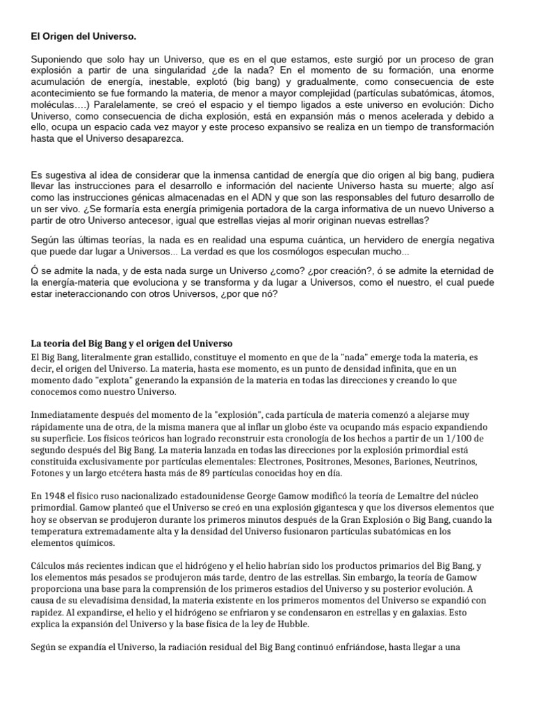Origen y evolución del Universo: Big Bang | PDF | Universo | Big Bang