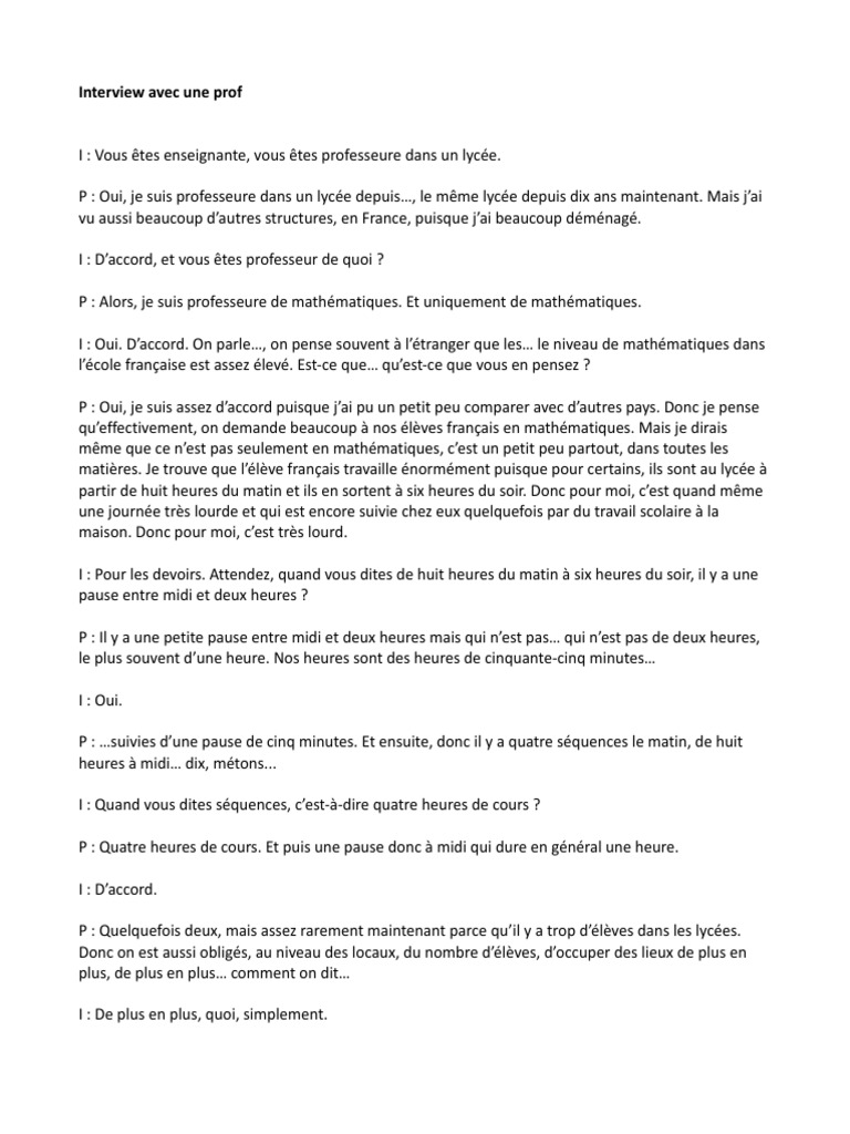 Interview d'une prof de maths au lycée | PDF | Repas | Restaurants