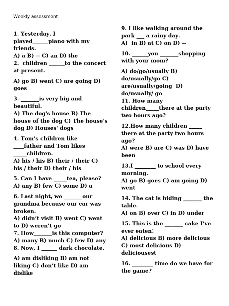 Weekly English Grammar Assessment Pdf