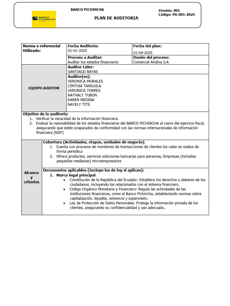 Plan de Auditoria en Grupo | PDF | Auditoría | Estado financiero