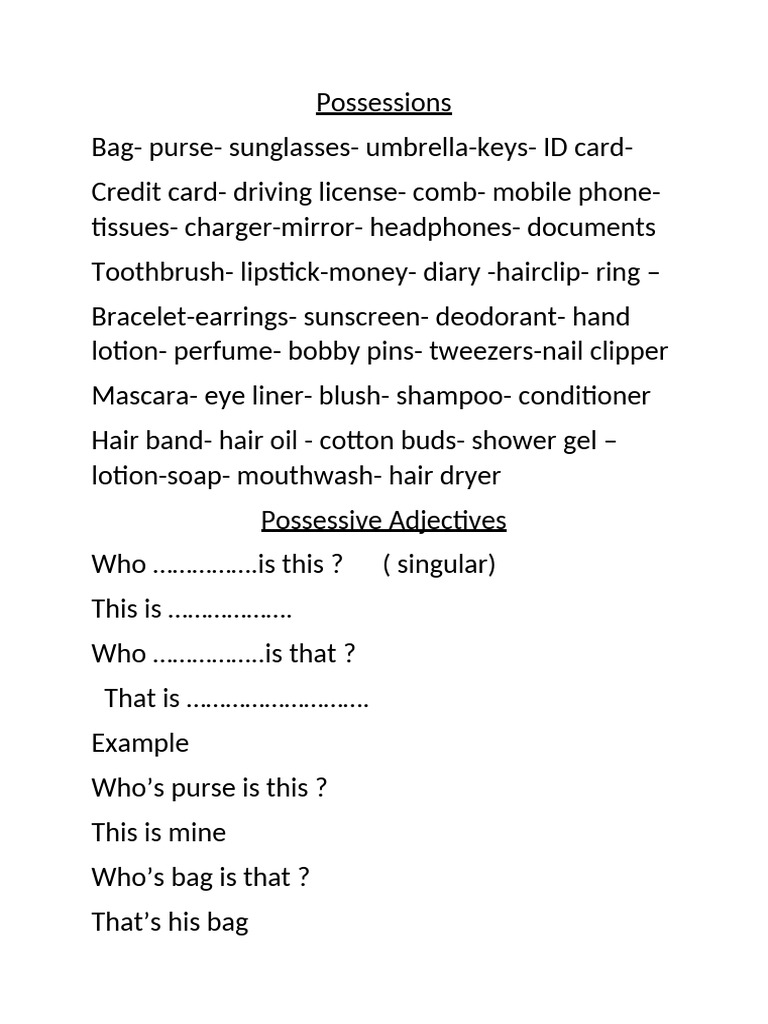 Essential Possessions and Pronouns Guide | PDF