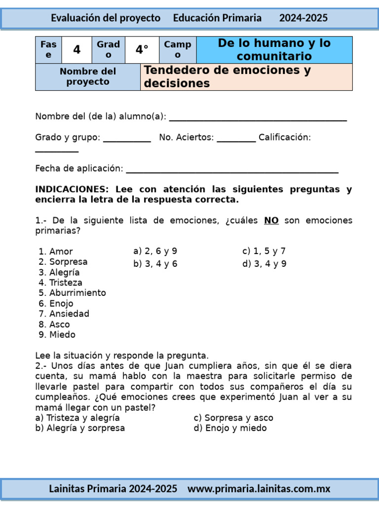 Evaluación Tendedero de Emociones 2024 | PDF | Toma de decisiones | Las ...