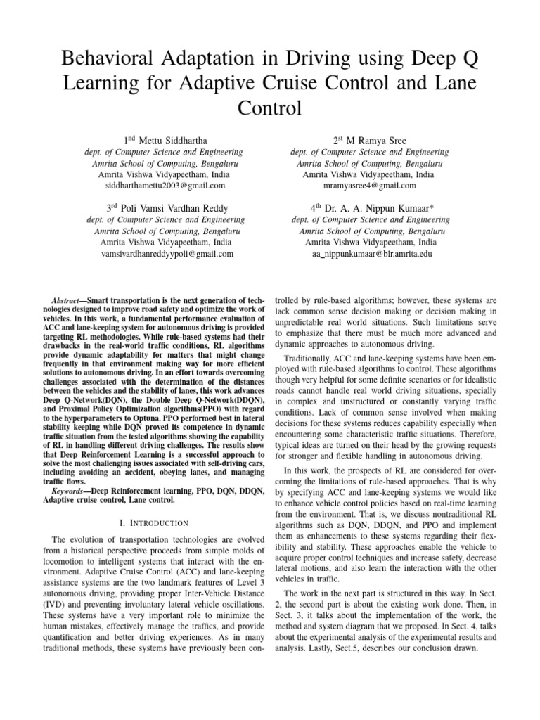 Behavioral Adaptation in Driving Using Deep Q Learning For Adaptive ...