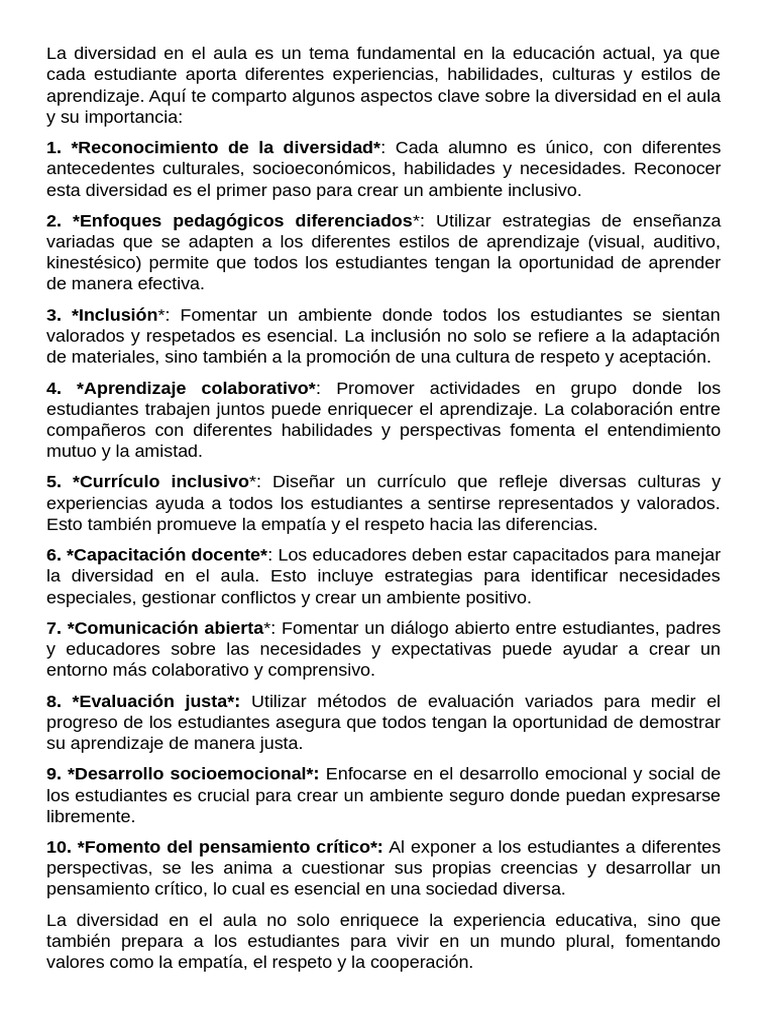 Importancia de la Diversidad en el Aula | PDF | Plan de estudios ...