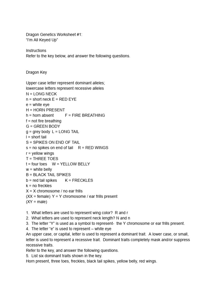 Dragon Genetics Worksheet #1 PDF Genotype Dominance (Genetics)