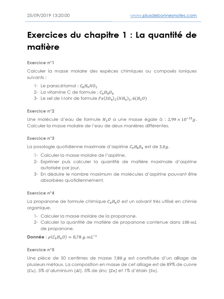Masse molaire et calculs chimiques | PDF | Concentration molaire | Chimie