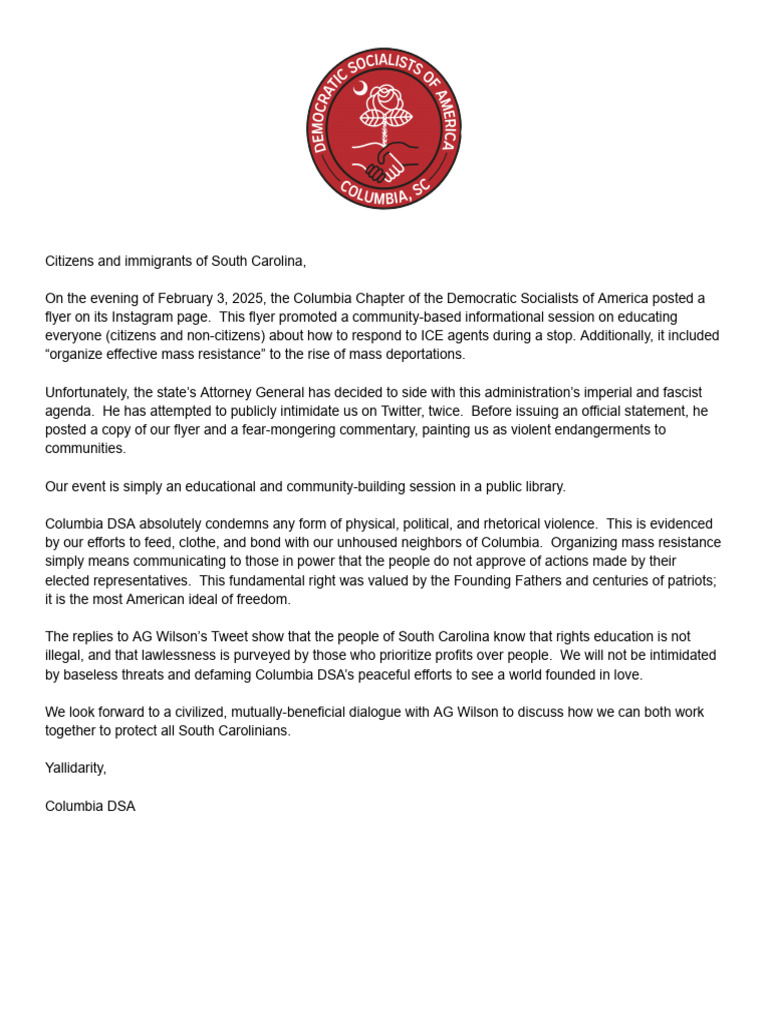 Response From Democratic Socialists of America | PDF