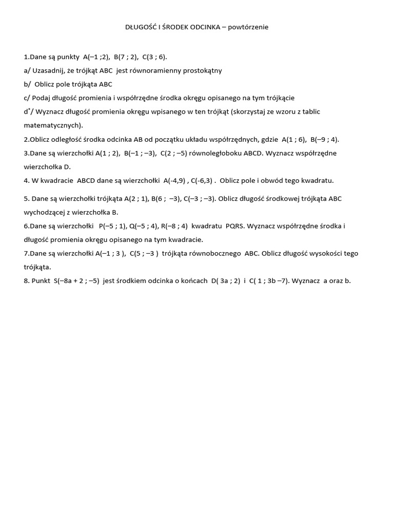 Długość I Środek Odcinka-Powt | PDF