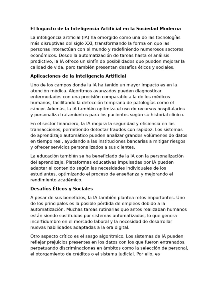 El Impacto de La Inteligencia Artificial en La Sociedad Moderna | PDF ...