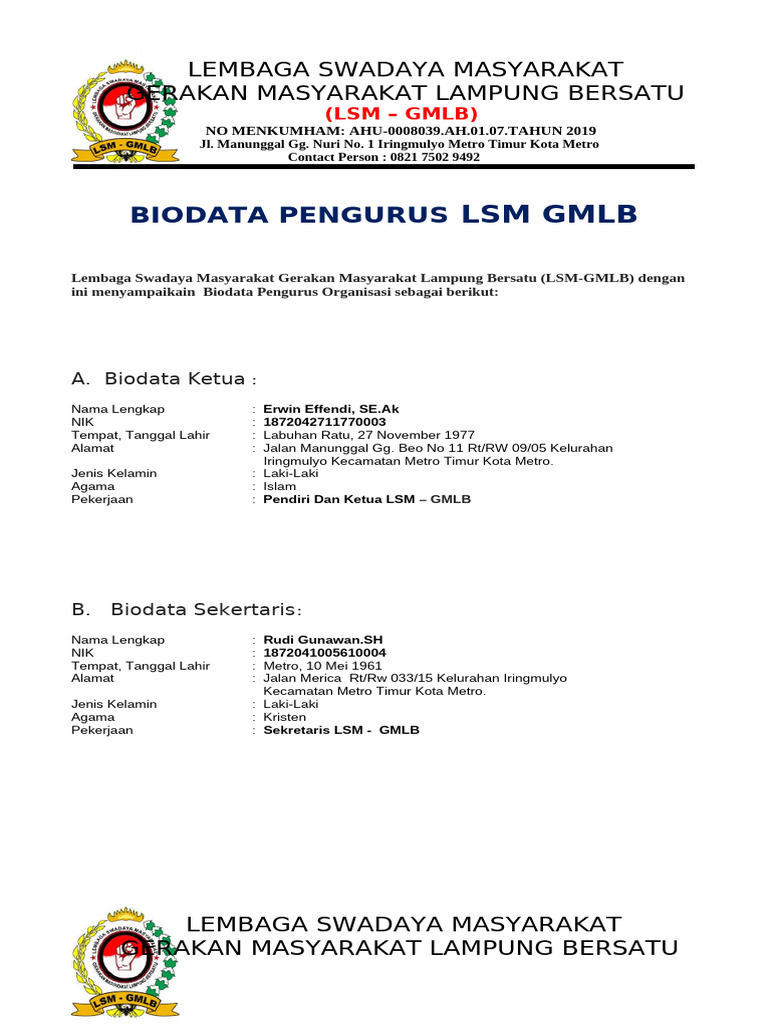 Biodata Pengurus LSM Dengan Kop | PDF