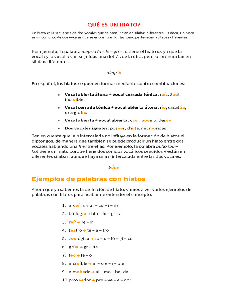 Definición y ejemplos de hiato | PDF | Voz humana | Fonética