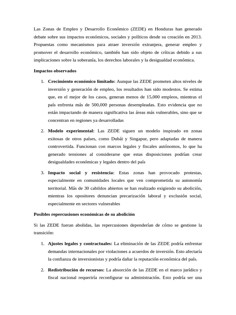 Impacto de las ZEDE en Honduras | PDF | Empleo | Desigualdad económica