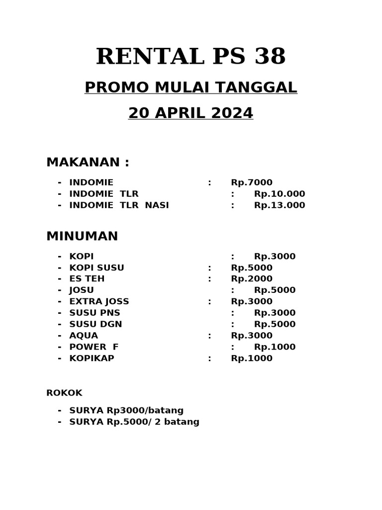 Daftar Menu Rental PS 38 dan Harga | PDF