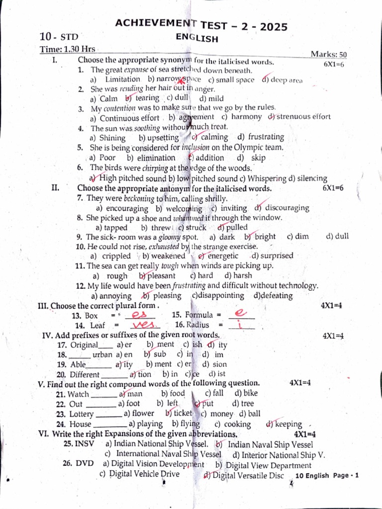 English Synonyms and Antonyms Test | PDF | Grammar | Linguistic Morphology