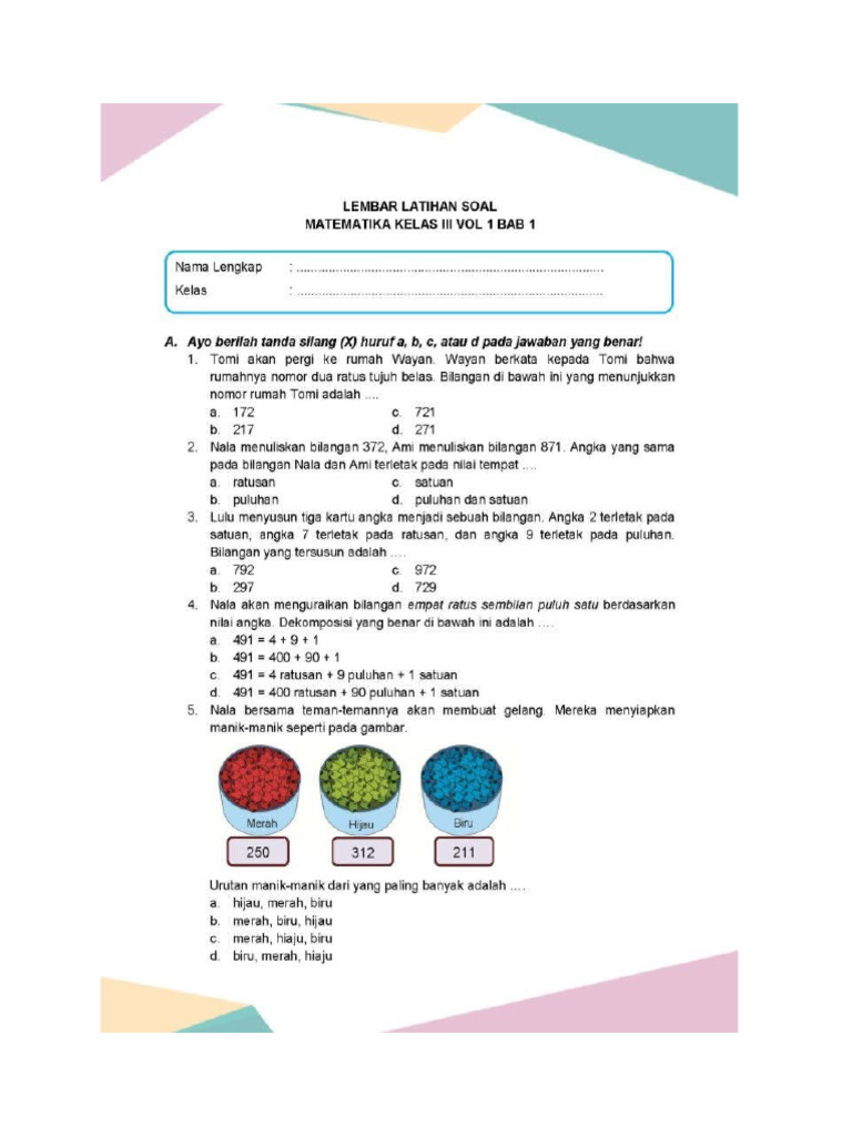 Latihan Soal Matematika Kelas 3 Bab 1-3 | PDF