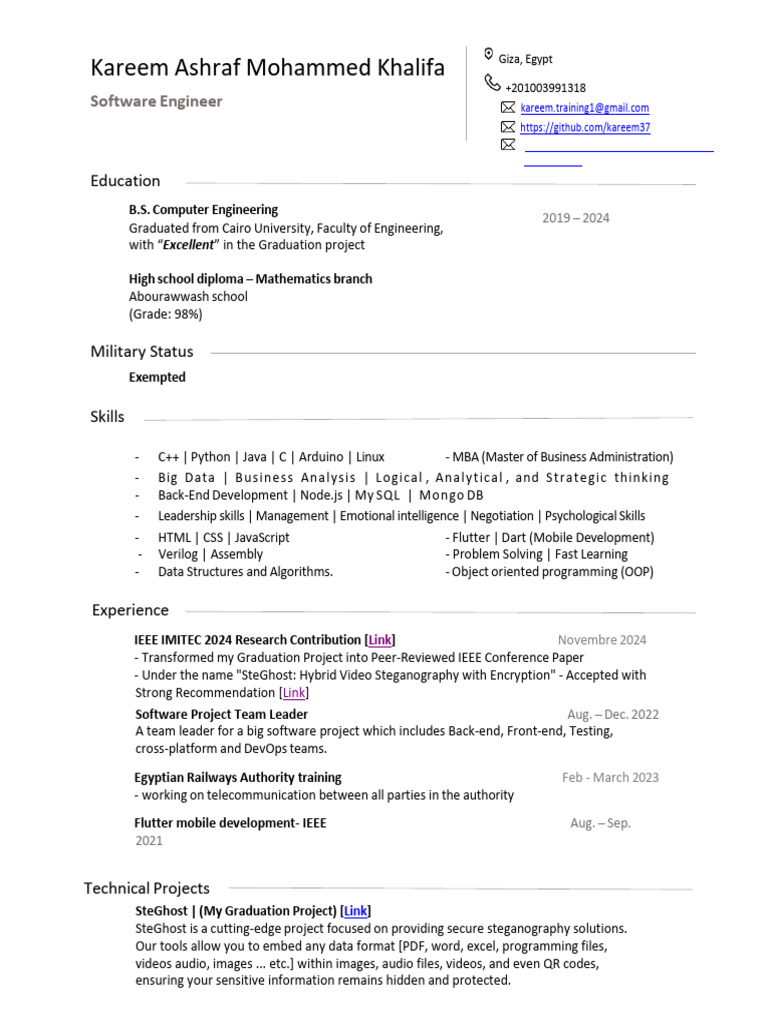 Software Engineer Resume of Kareem Khalifa | PDF | Object Oriented ...