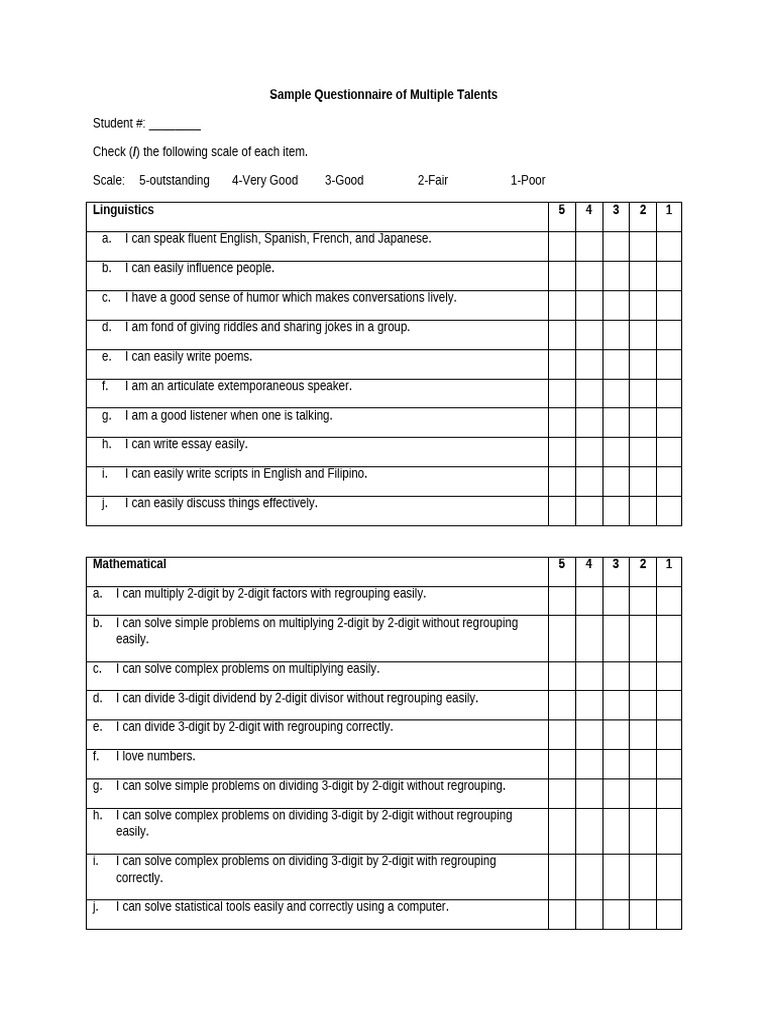 Multiple Talents Assessment Questionnaire | PDF | Division (Mathematics)