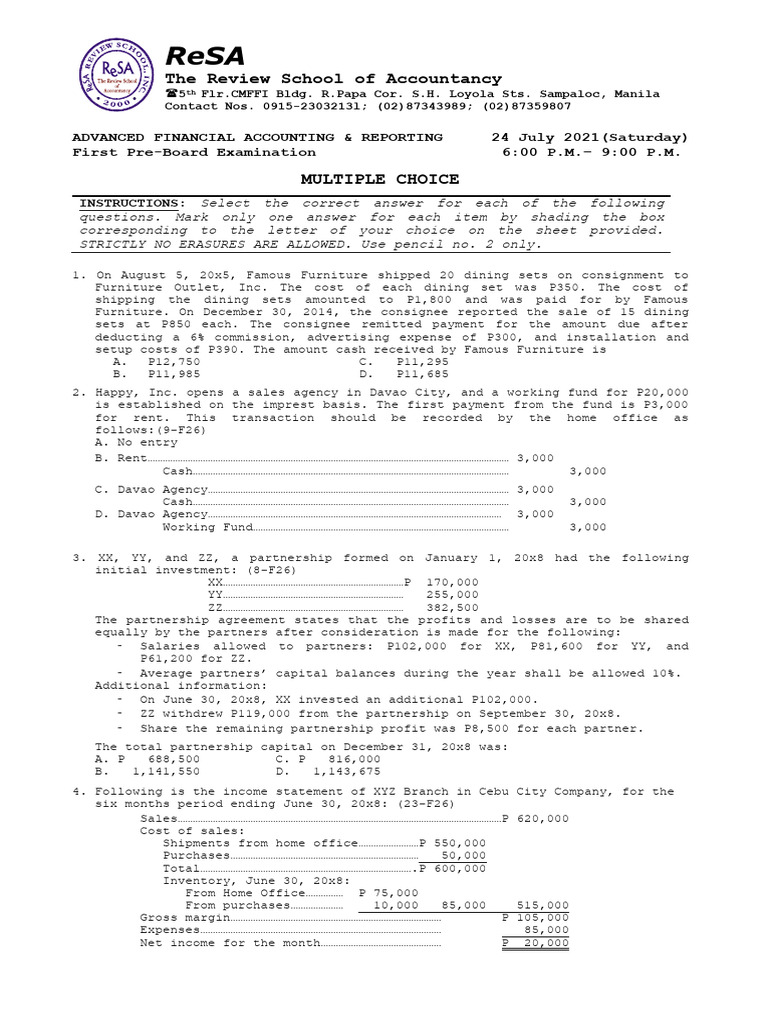 Advanced Financial Accounting Exam Guide | PDF | Debits And Credits ...