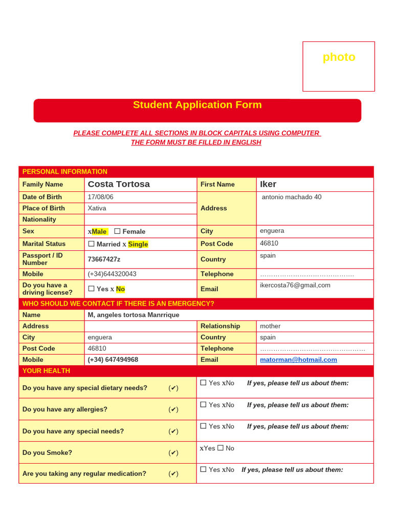 Student Application Form for Iker Costa | PDF | Fluency