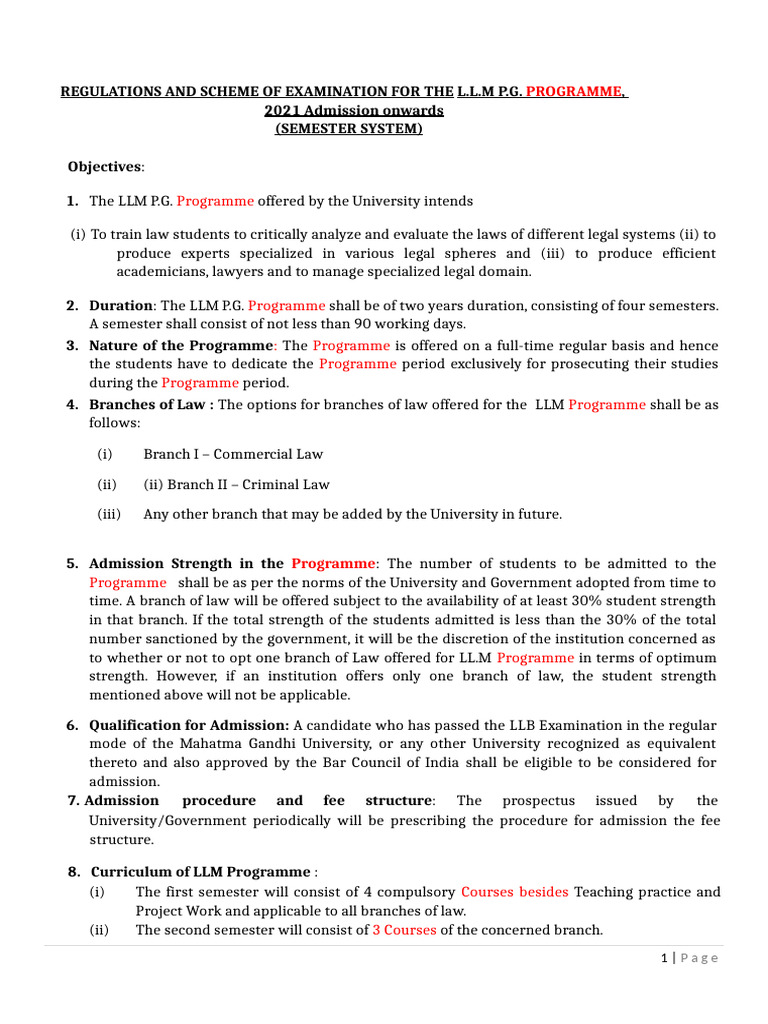 LLM Programme Regulations and Exam Scheme | PDF | Thesis | Jurisprudence