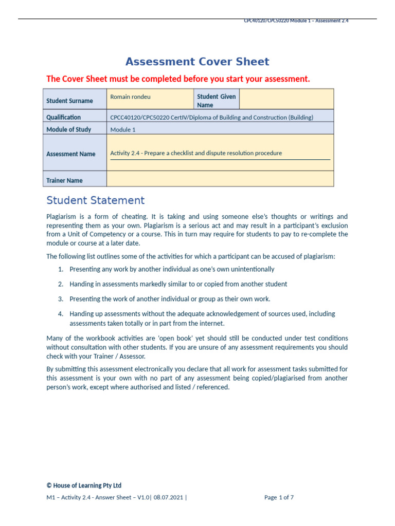 Module 1 Project Activity 2 4 Prepare A Checklist And Dispute