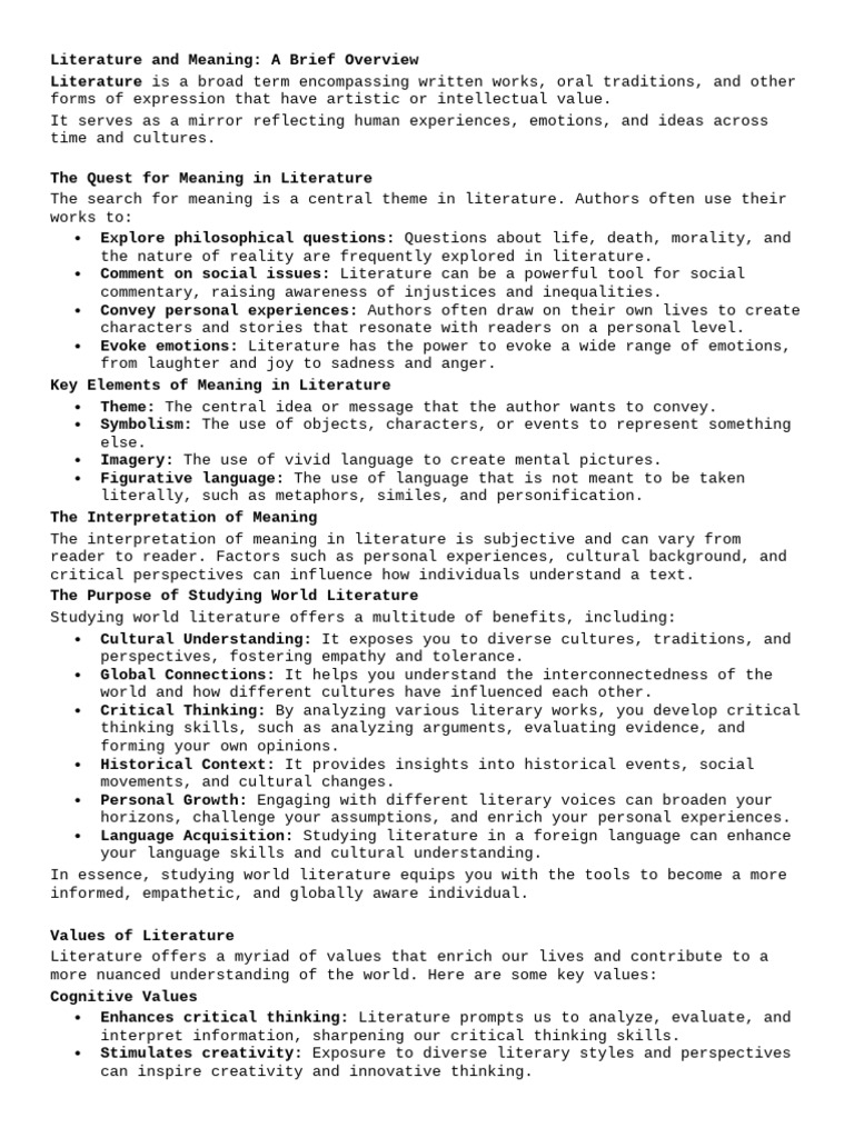 Understanding Literature's Meaning and Value | PDF | Poetry ...