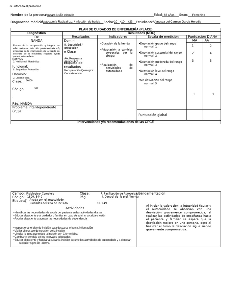 Plan de Cuidados para Mastectomía Femenina | PDF | Cuidado de la salud ...