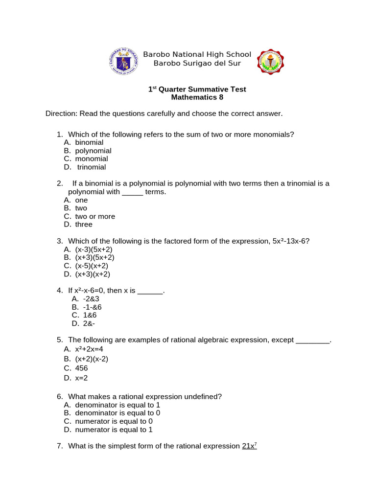 Math 8 Summative Test Questions | PDF | Polynomial | Abstract Algebra