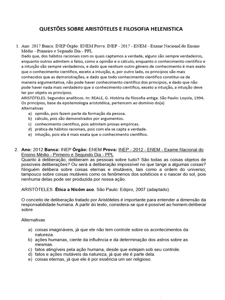 Questões sobre Aristóteles e Helenismo | PDF | Aristóteles | Conhecimento