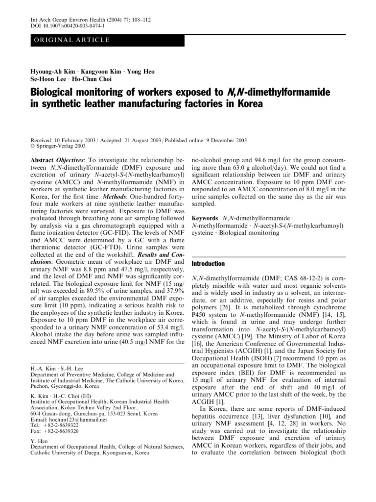 DMF Exposure and Urinary Biomarkers in Workers | PDF | Gas Chromatography