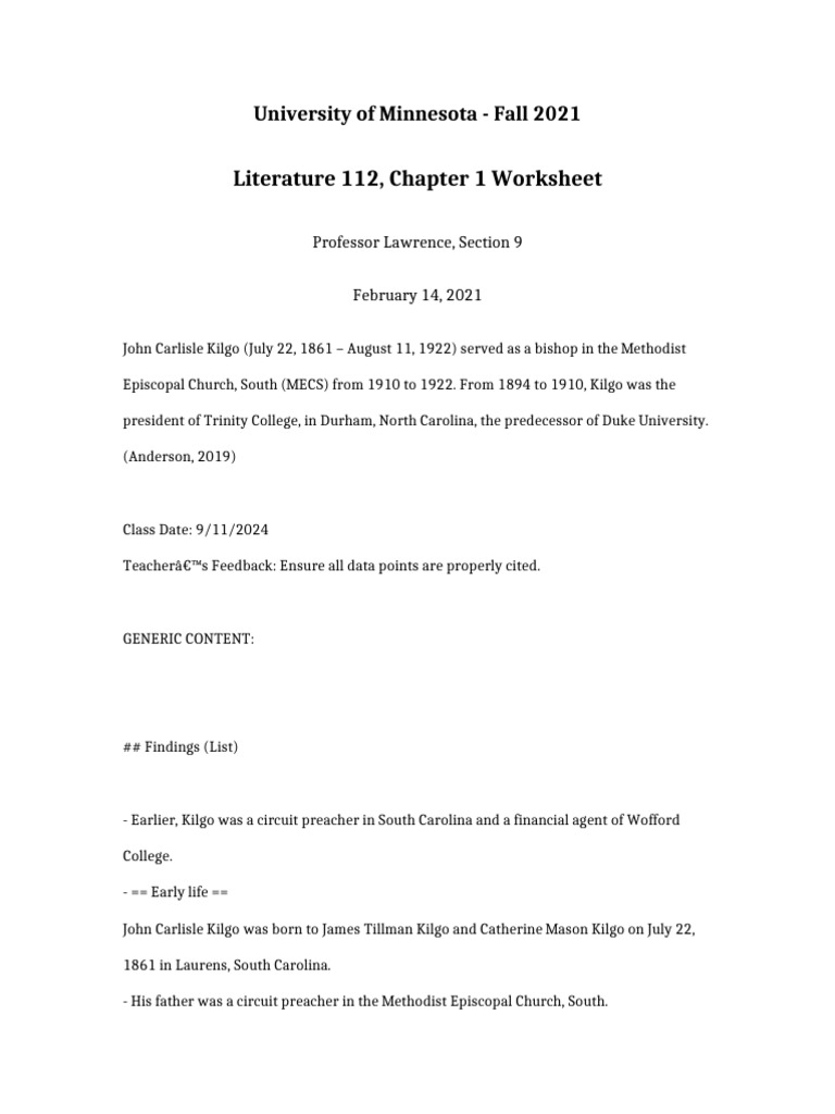 Literature 112 Chapter 1 Worksheet | PDF