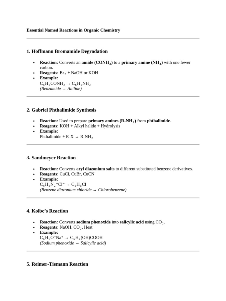 Key Organic Chemistry Reactions Guide | PDF | Amine | Organic Chemistry