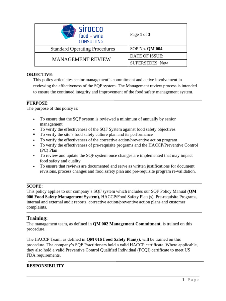Management Review SOP for SQF System | PDF | Food Safety | Hazard ...