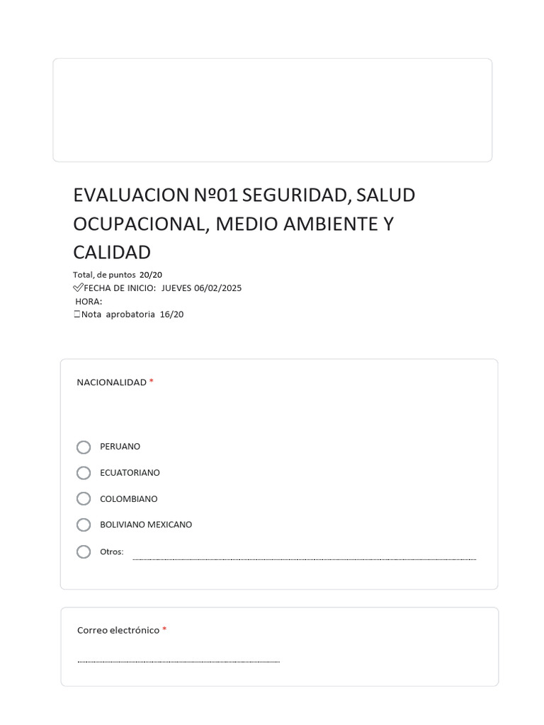 Evaluacion Nº01 Seguridad, Salud Ocupacional, Medio Ambiente y Calidad ...