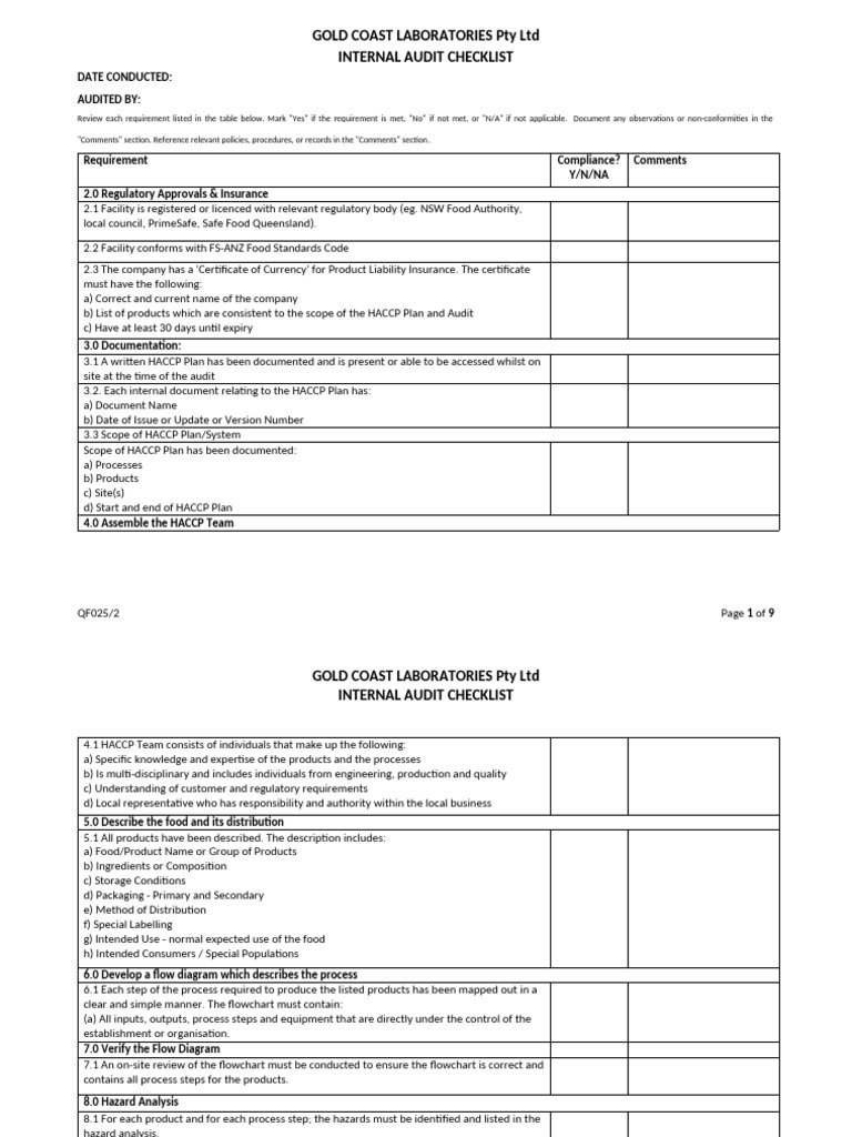 HACCP Internal Audit Checklist | PDF | Hazard Analysis And Critical ...