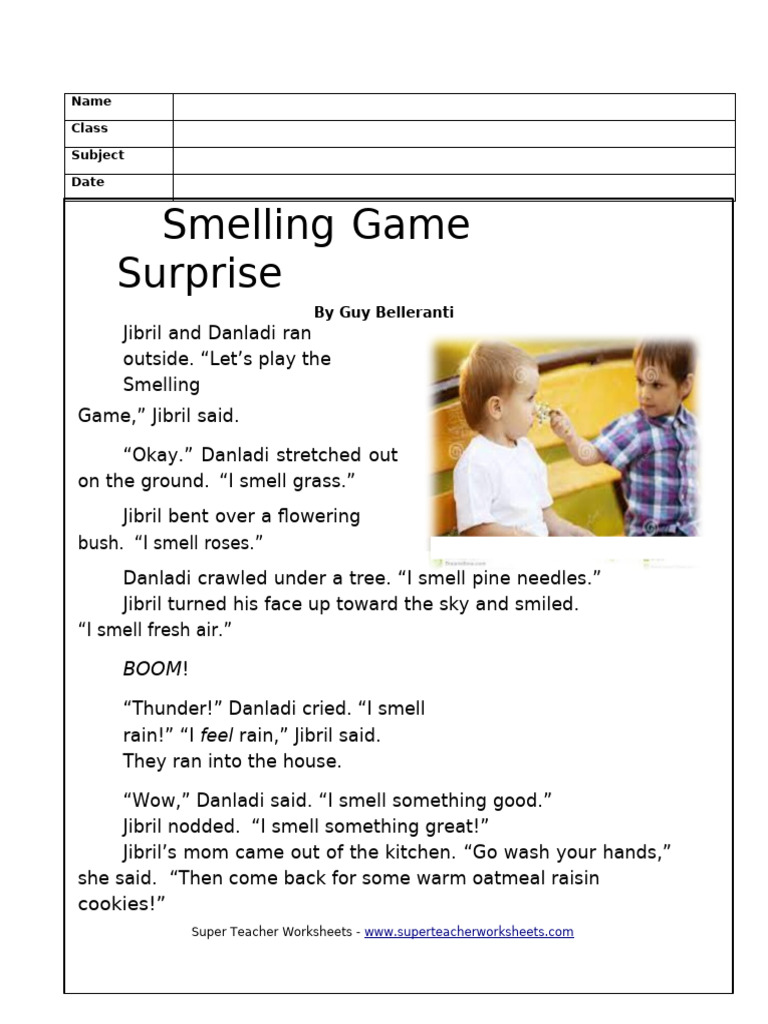 Smelling Game Surprise Story Worksheet | PDF