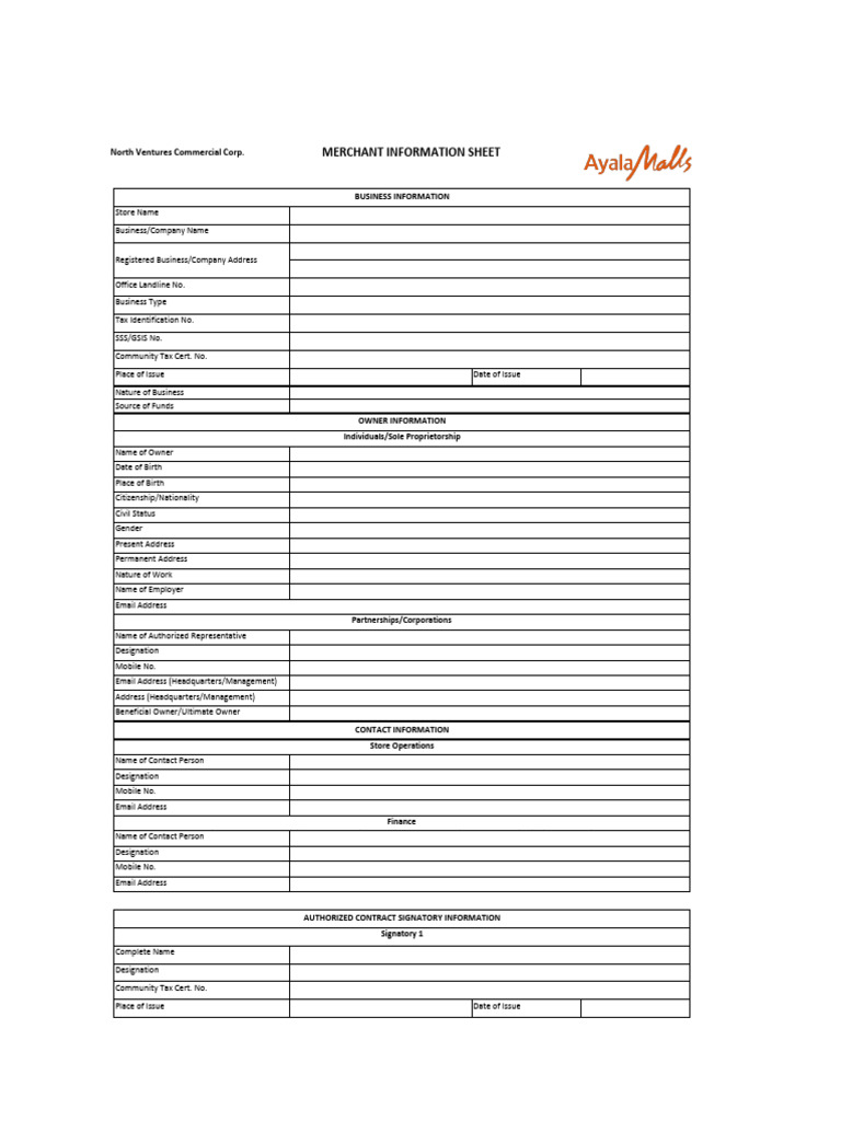 Merchant Information Sheet Template | PDF | Corporations | Signature