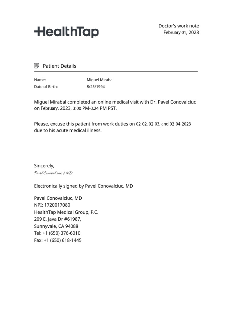 Doctor's Note for Miguel Mirabal | PDF