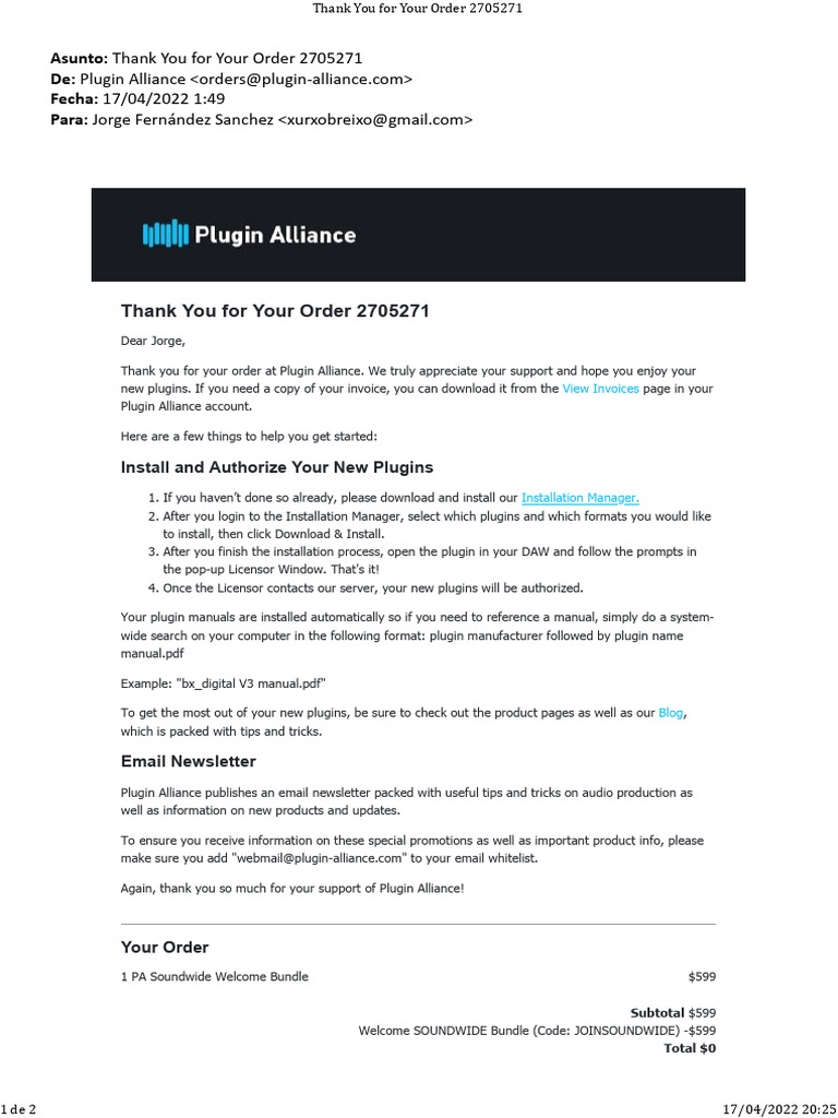 Plugin Alliance Order 2705271 | PDF | Microsoft Windows | System Software