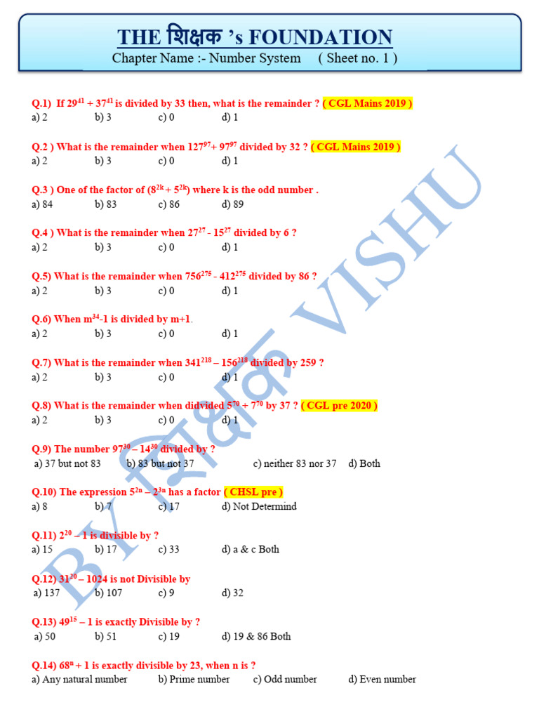 Number System S1 | PDF | Discrete Mathematics | Division (Mathematics)