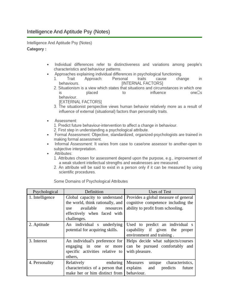 Intelligence and Aptitude Psychology Notes | PDF | Intelligence ...