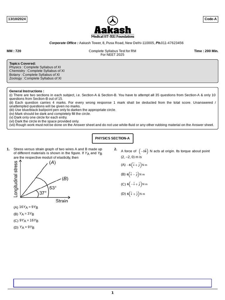 CST - 01 RM Batch Question | PDF | Velocity | Force
