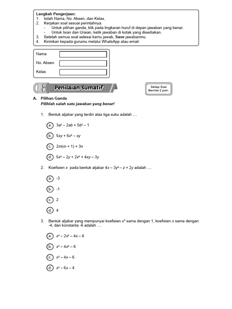 Penilaian Sumatif Aljabar Siswa | PDF