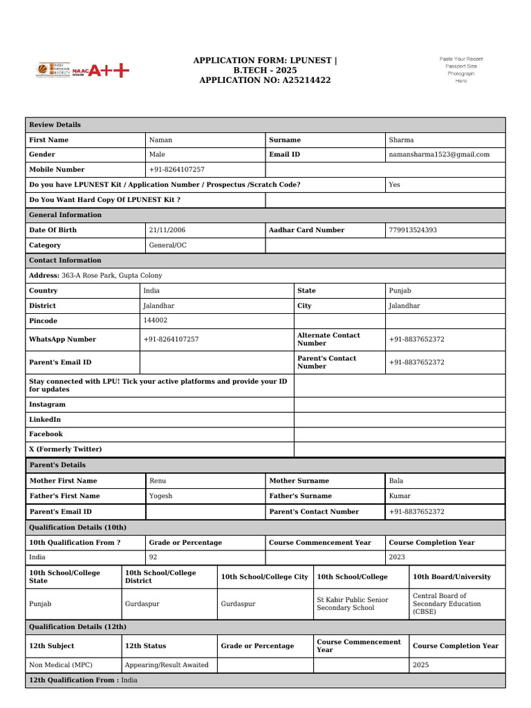 LPUNEST B.Tech 2025 Application Form | PDF | Educational Stages