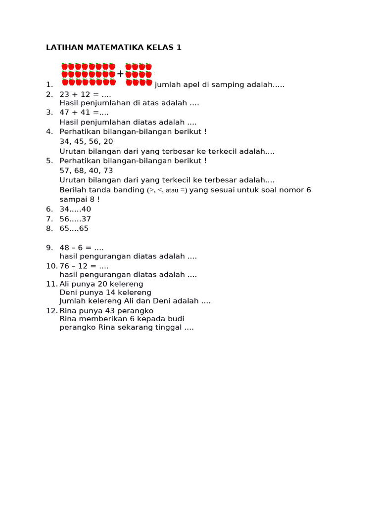 Latihan Matematika Dasar Kelas 1 | PDF