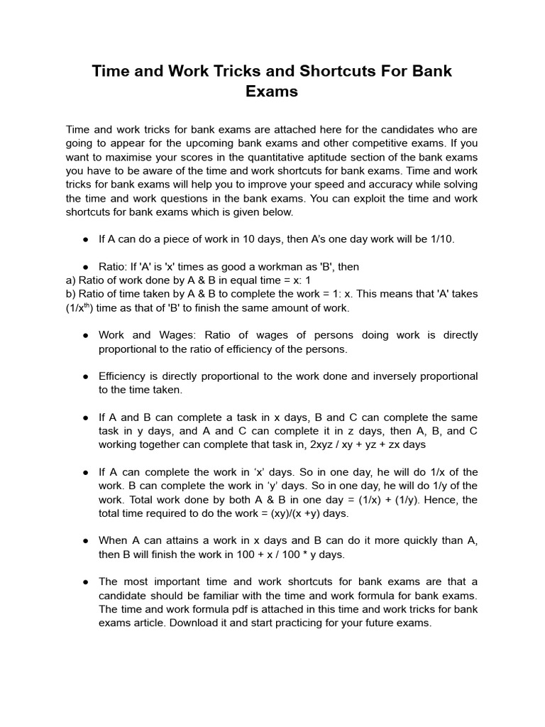 Time and Work Shortcuts for Bank Exams | PDF
